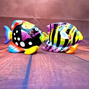 vintage ceramic colorful fishes salt and pepper shakers